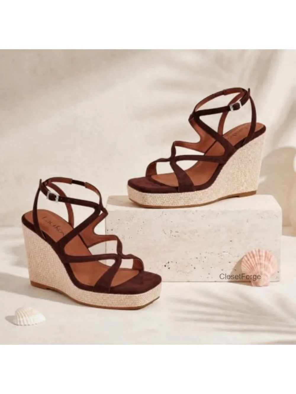 Women's Raffia Wedge Sandals Open Toe Ankle Strap Platform Faux Suede